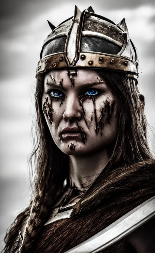 Prompt: photorealistic photograph of beautiful female wearing viking warrior armor, large angry eyes, battle damaged, cinematic, 200mm prime lens