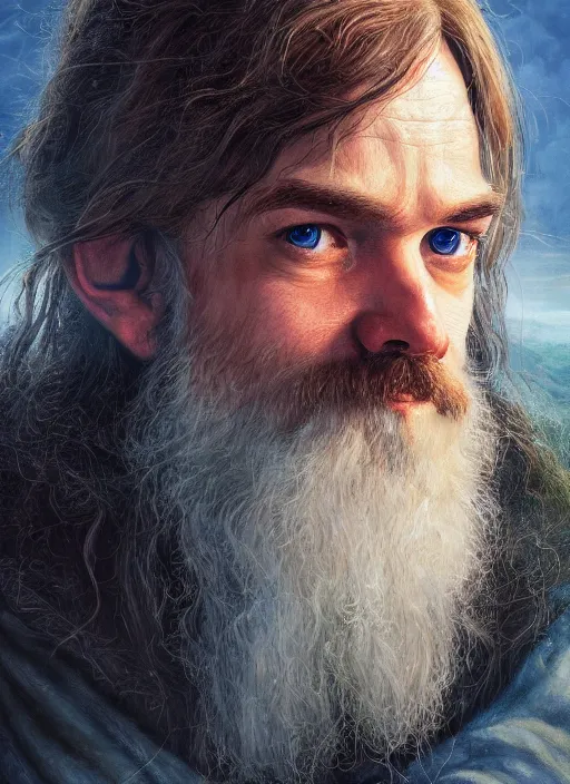 Image similar to portrait of pewdiepie as a hobbit, happy hobbit eating, by alan lee, lord of the rings, smooth, oil painting, matte painting, concept art, trending on artstation, promotional artwork, film still, elegant, photorealistic facial features, intricate, detailed face, cinematic lighting