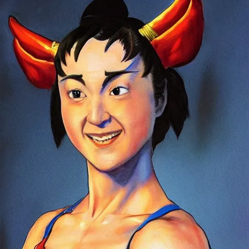 Image similar to ultra realistic kristen schaal as chun li from street fighter, painting by frank frazetta, 4 k, ultra realistic, highly detailed,