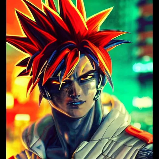 Image similar to a portrait of a neon cyberpunk goku in a racing helment by sandra chevrier, detailed render, epic composition, cybernetics, 4 k realistic, cryengine, realistic shaded lighting, sharp focus, masterpiece, by matteo scalera, gary montalbano, peter elson in the style of the tokyo ghost comic