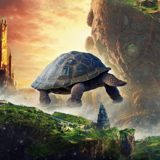 Image similar to giant tortoise with a large fantasy castle rising from the top of it, distant shot birds eye view, fantasy, hyper detailed, 4 k, howls moving castle, mortal engines, kaiju,