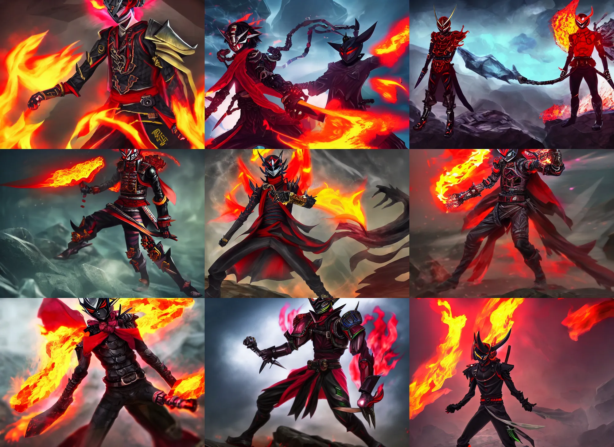 Prompt: Demonic Samurai Kamen Rider with a fiery scarf standing in a rock quarry, full body, single character, League of Legends Splash Art, high quality, 4k, concept art, illustration, rubber suit, Arcane style