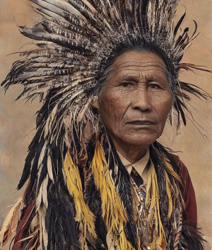 Prompt: full body shot picture of indigenous people leader in canyon, painted by lucian freud, intricate costume design, beautiful feathers, hd, super detailed, realistic, muted colors