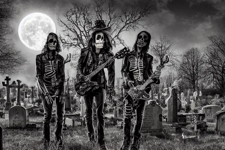 Prompt: skeletons in leather jackets with electric guitars in the hands in a cemetery, rock concert, dark night, full moon, crows on the oak tree, highly detailed digital art, photorealistic