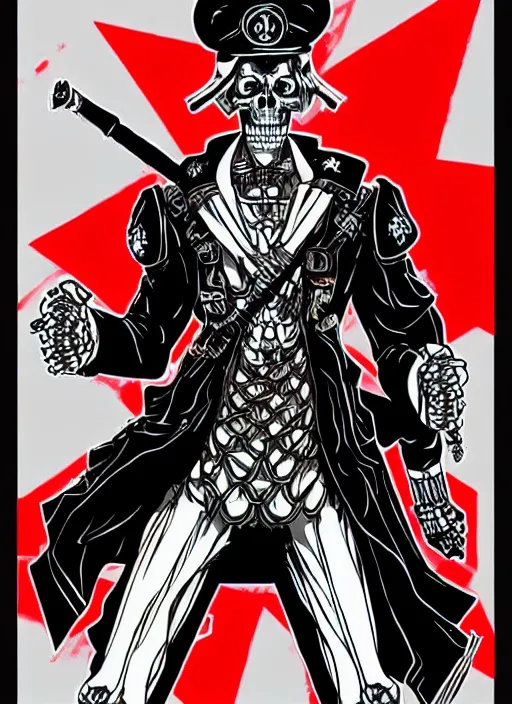 Prompt: shin megami tensei art of a demon that is a skeleton soviet!!! soldier!!! from 1 9 2 0 s wearing a budenovka!!!! with a red star!!, art by kazuma kaneko, demonic! compedium!, law aligned, digital drawing, white background, very high quality, very highly detailed