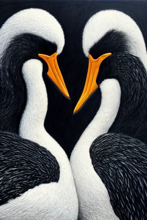 Image similar to !dream two black swans touching heads, forming a heart with their necks, oil on canvas, intricate, 8k highly professionally detailed, HDR, CGsociety