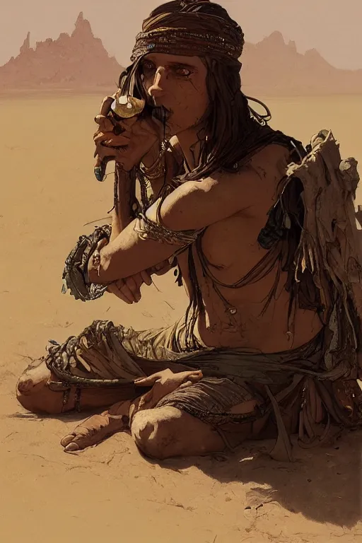 Prompt: a full body portrait of a beautiful post apocalyptic offworld desert bedouin blind barbarian leper laying by the roadside, intricate, elegant, highly detailed, digital painting, artstation, concept art, smooth, sharp focus, illustration, art by krenz cushart and artem demura and alphonse mucha
