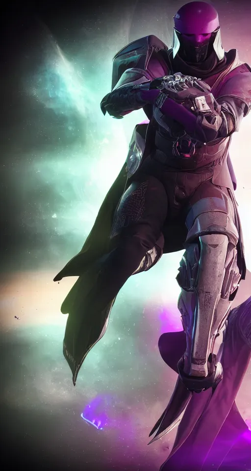 Image similar to Destiny 2 warlock portrait, head to toe, cinematic, vfx, particle lighting, purple void particles, rule of thirds, space wizard, unreal engine 5