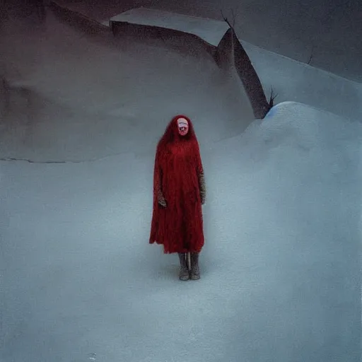 Prompt: a suureal painting of a lonely woman with pale skin and long red hair standing over a pile of bodies in post - apocalyptic snowy landscape, surrealism, by zdzislaw beksinski, by dariusz zawadzki, by john jude palencar