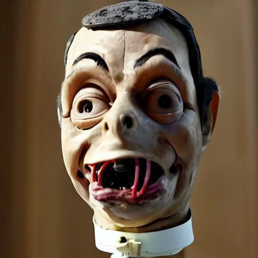 Image similar to Nigel Farage as a ventroquial dummy, hinged jaw, wires, lacquered, glossy, (cracked) varnish, ((photo))