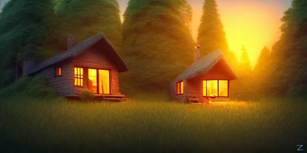 Prompt: a cozy little house in the woods, relaxing, 3 d concept art by scott zenteno, chill, relaxing, peaceful, sunset, extremely detailed art