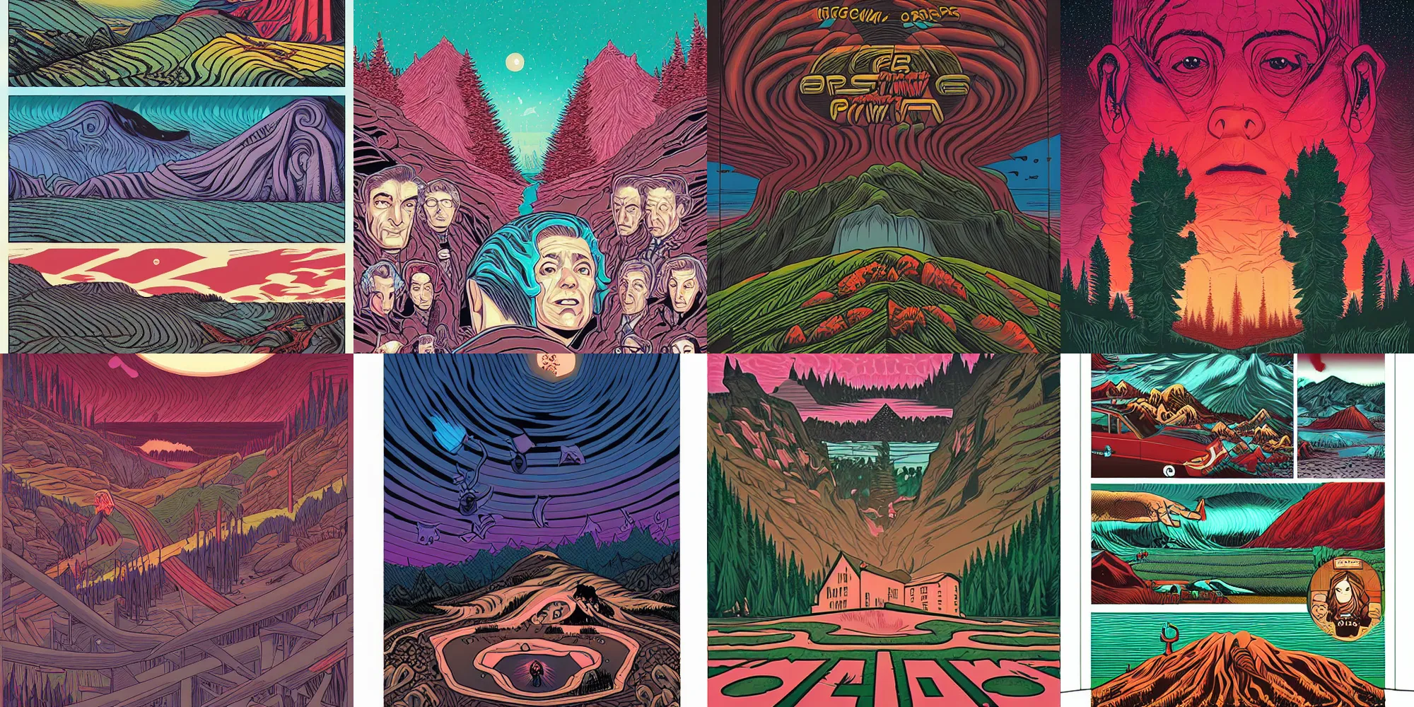 Prompt: Surreal Twin Peaks comic artwork by Dan Mumford