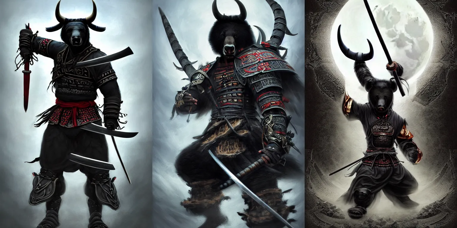 Prompt: anthropomorphic, half man half asian black bull, black bull samurai, Moon Bull Samurai, epic, samurai :: fighting with :: anthropomorphic, half man half asian black bear, black bear samurai, Moon Bear Samurai :: stunning 3d render inspired art by Renato muccillo and Andreas Rocha and Johanna Rupprecht + symmetry + natural volumetric lighting, 8k octane beautifully detailed render, post-processing, highly detailed, intricate complexity, epic composition, magical atmosphere, cinematic lighting + masterpiece, trending on artstation