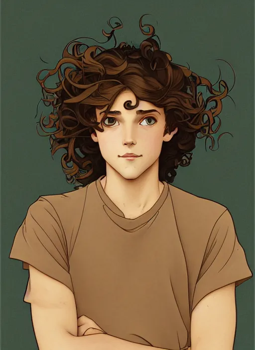 Image similar to art nouveau portrait of a teen boy with medium length big mess of curly light brown hair, brown eyes, aloof, serious expression, t - shirt, modern casual clothing, natural lighting, path traced, highly detailed, high quality, cartoon, digital painting, by don bluth and ross tran and studio ghibli and alphonse mucha