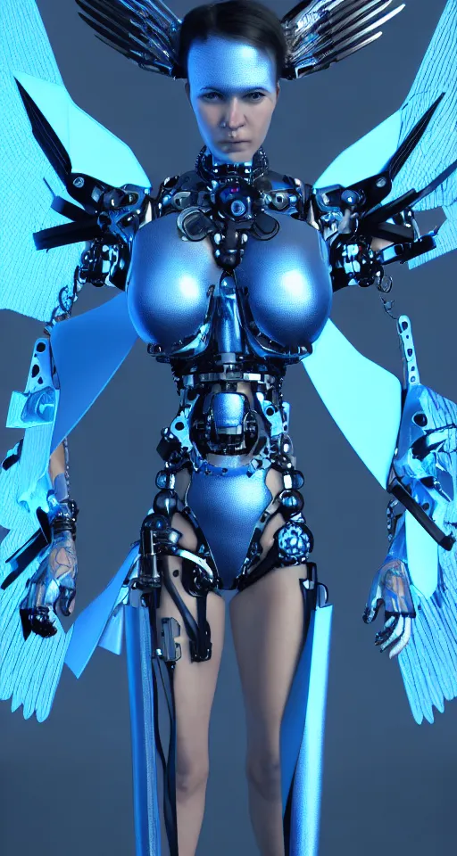 Image similar to portrait of a cyborg woman with metal wings a blue dragon scale, trending artstaition, unreal engine