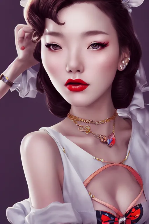 Prompt: a pin up and beautiful fashion and charming and dreamlke japan girl with lv jewelry, art by artgerm & jeehyung lee & wlop, hyperdetailed, 8 k realistic, symmetrical, frostbite 3 engine, cryengine, dof, trending on artstation, digital art, lv, dior