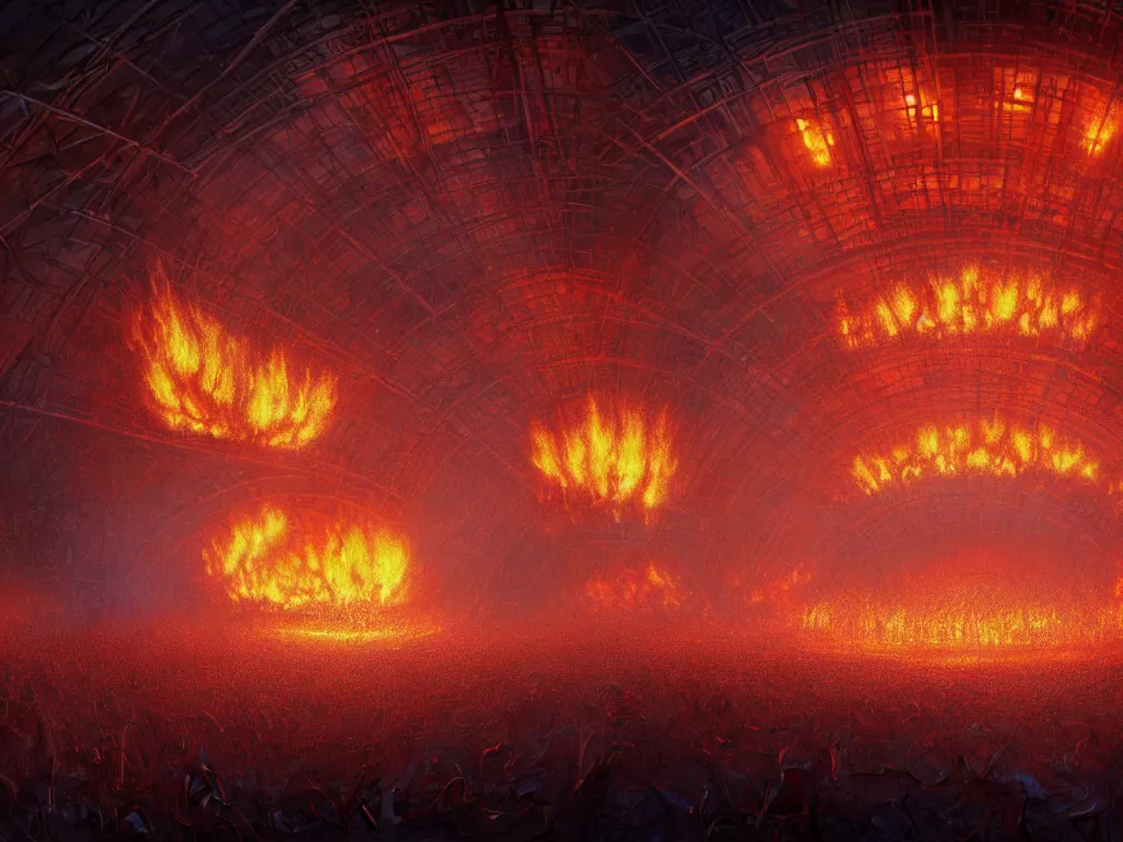 Prompt: 4 k photograph of a concert in hell, brightly lit stage centered and on fire, high contrast, stage lighting, pyrotechnics, ghibli animated film, volumetric lighting, octane render by stanley artgerm lau, greg rutkowski, thomas kindkade, alphonse mucha, loish, norman rockwel,