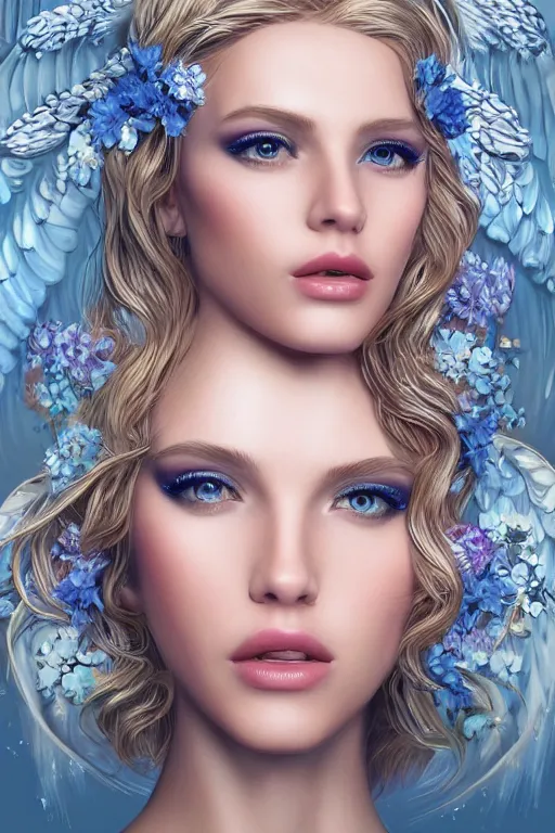 Image similar to beautiful blonde young woman's face, magical, angelic wings, flowers, intricate, synth-wave, retrowave, highly-detailed, elegant, dramatic lighting, gorgeous face, lifelike, photorealistic face, long luxurious intricate gown, digital painting, artstation, illustration, concept art, smooth, sharp focus, art by Craig Russel, Barry Smith, artgerm, and Albert Aublet and Krenz Cushart and Artem Demura and Alphonse Mucha