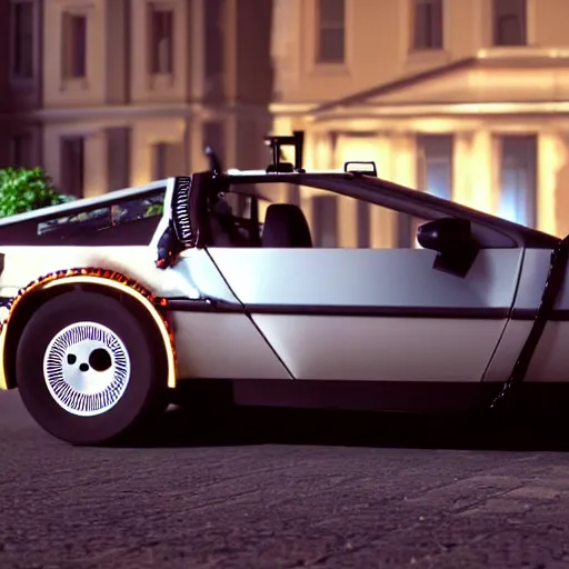 Image similar to still photo of delorean back to the future, highly detailed, photorealistic, bright studio setting, studio lighting, crisp quality and light reflections, unreal engine 5 quality render