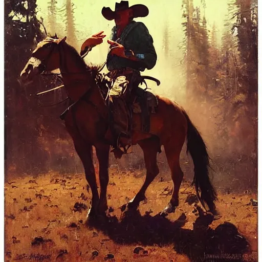 Prompt: cowboy, western art, John Berkey, Norman Rockwell, Hans Thoma, Ivan Shishkin, Tyler Edlin, Thomas Kinkad