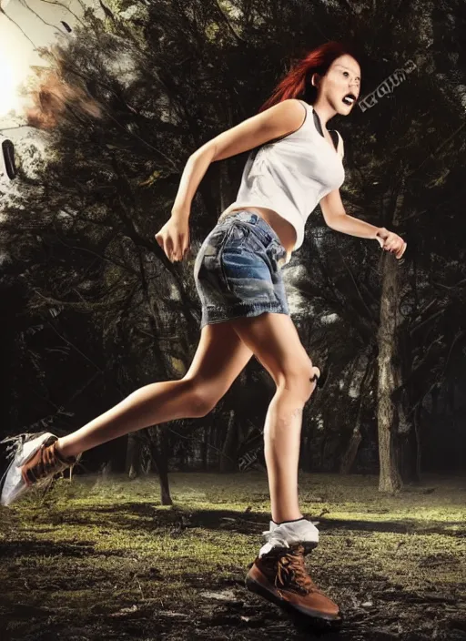 Prompt: super generic hot chick scientist running from a monster, stock photo, horror movie, full body wide shot