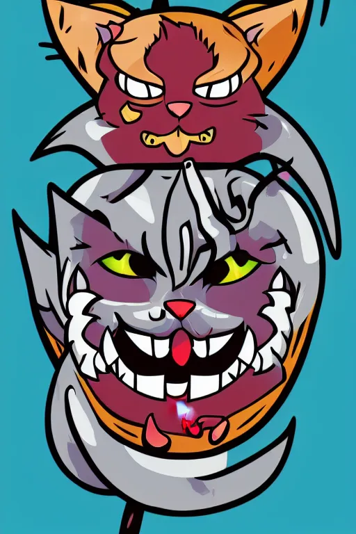 Image similar to Evil kitten, the devil, sticker, blood thirsty, spawn of Satan, burning in hell, blood, evil, colorful, illustration, highly detailed, simple, smooth and clean vector curves, no jagged lines, vector art, smooth