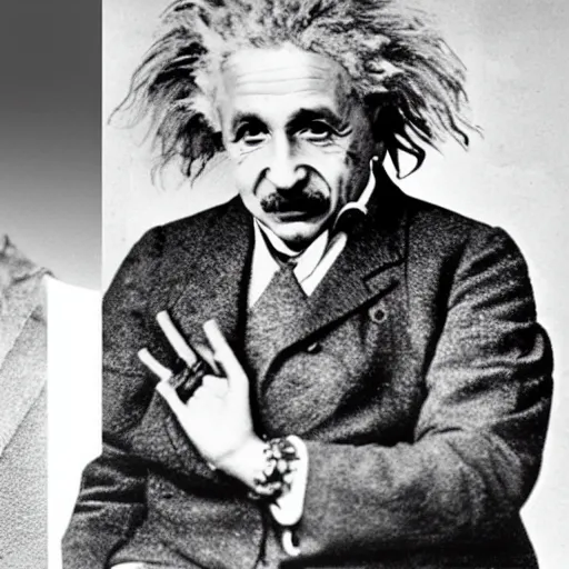 Image similar to photo of einstein wearing two gold chains and making gang signs with his hands