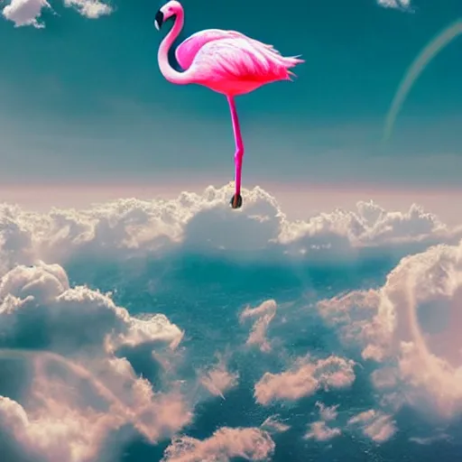 Prompt: goddess wearing a flamingo fashion in the clouds, photoshop, colossal, creative, giant, digital art, photo manipulation, clouds, sky view from the airplane window