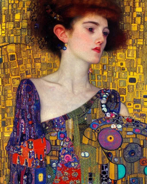 Prompt: a close up of a beautiful girl in a colourful dress with surrounded by colourful patterns, by gustave klimt and edgar maxence and caravaggio and michael whelan, artistic, intricate drawing, light brazen, realistic fantasy, extremely detailed and beautiful aesthetic face, 8 k resolution, dramatic lighting