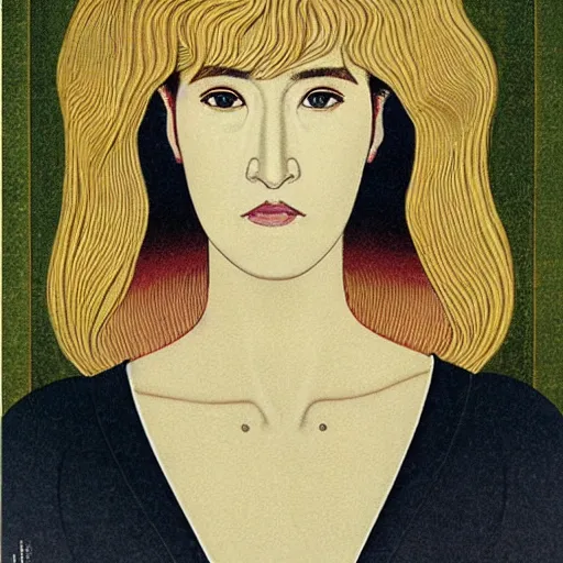 Image similar to “ laura dern portrait by ikenaga yasunari and ayana otake and ko rakusui, 6 0 s poster, drawing, realistic, sharp focus, japanese, dreamy, nostalgia, faded, golden hues, floral clothes, porcelain skin ”