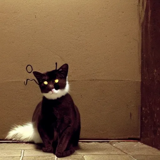 Image similar to cat as an magician in a dark basement, scary, magical