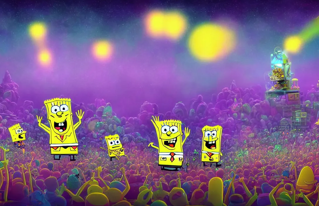 Image similar to spongebob rock concert on the moon, shot taken from behind spongebob on the stage looking the crowd, concert lighting, digital art, highly detailed, concept art, nickelodean style, party atmosphere, dark sky