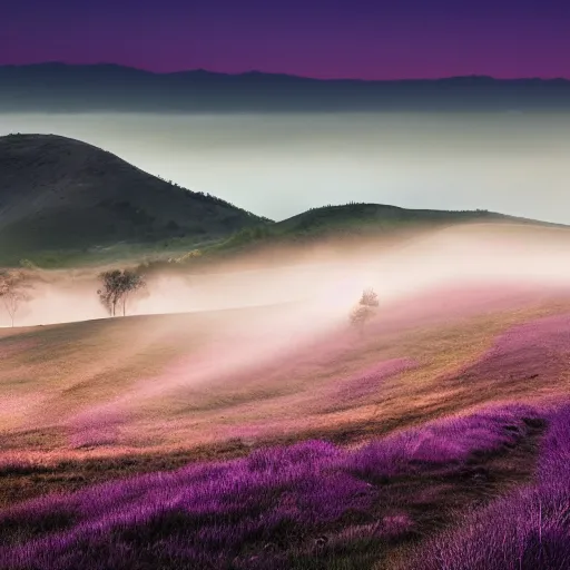 Prompt: Grass hill landscape with purple mountains in background light fog and dark sky