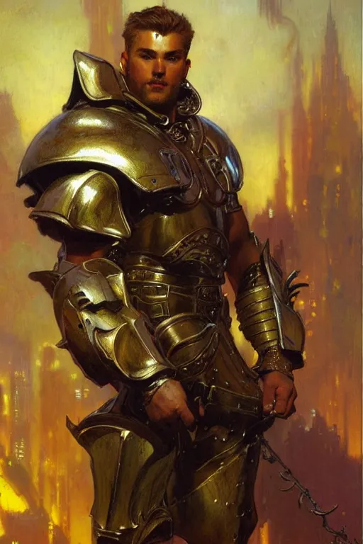 Image similar to attractive beefy male with armor, character design, colorful, cyberpunk, painting by gaston bussiere, craig mullins, j. c. leyendecker, tom of finland