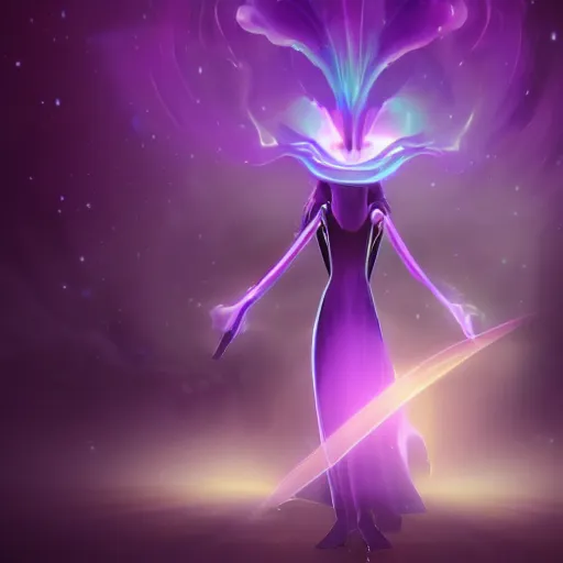 Image similar to luminescent purple wizard, cartoon style, female, dark background, volumetric fog, 4K