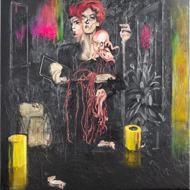 Prompt: a portrait in a dark apartment, rats, a widow holding an octopus, streetlamps, wet, puddles, wild berries, ikebana, neo - expressionism, surrealism, acrylic and spray paint and oilstick on canvas