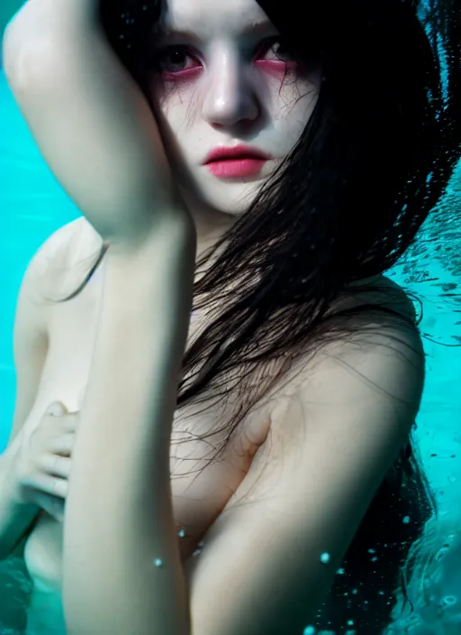 Prompt: portrait of a beautiful female face, pale, glass skin, long black hair, evil eyes. underwater photography, sharp focus, hyper realistic, dramatic lighing, gradient light, 8 k