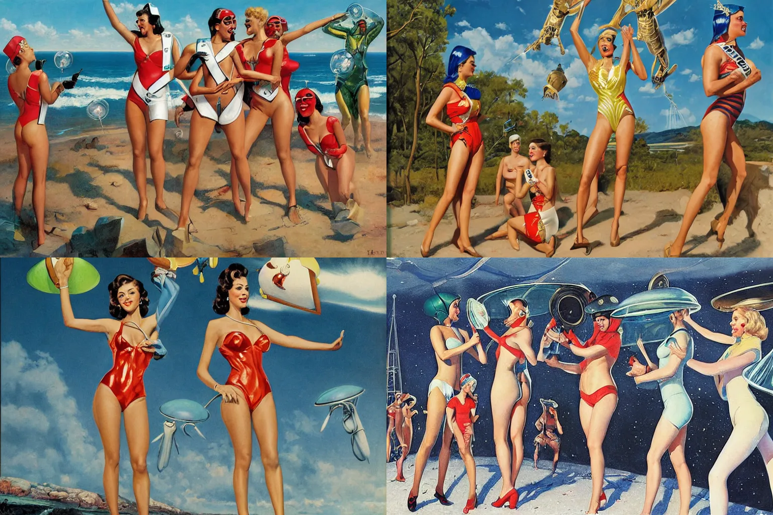 Prompt: Miss Universe pageant with female extraterrestrial Roswell alien species contestants wearing swimsuits and glass helmets, by Mort Kunstler and Gil Elvgren