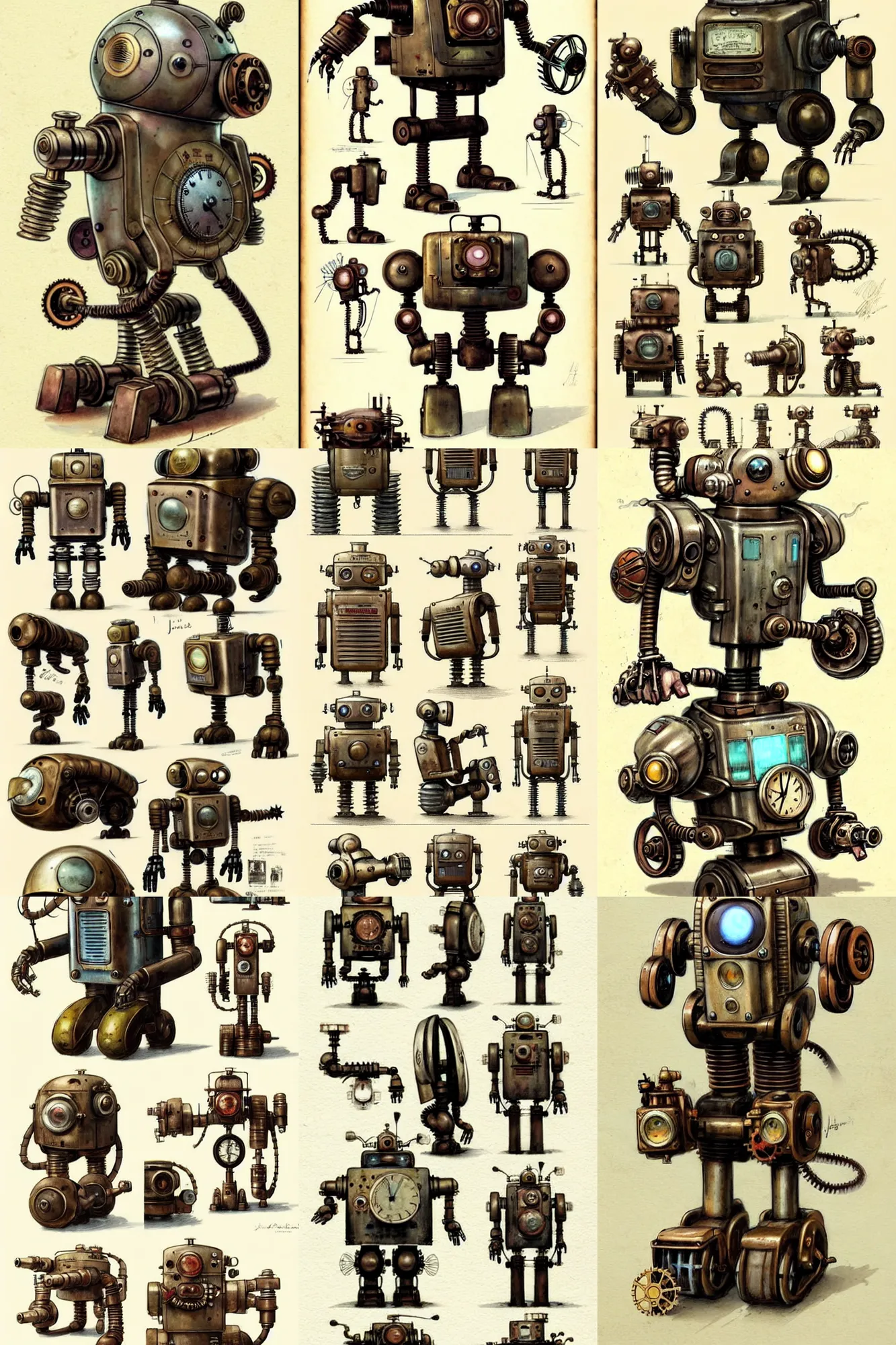 Prompt: ( ( ( ( ( 1 9 5 0 s steampunk robot cover art. robot reference sheet. muted colors. ) ) ) ) ) by jean - baptiste monge!!!!!!!!!!!!!!!!!!!!!!!!!!!