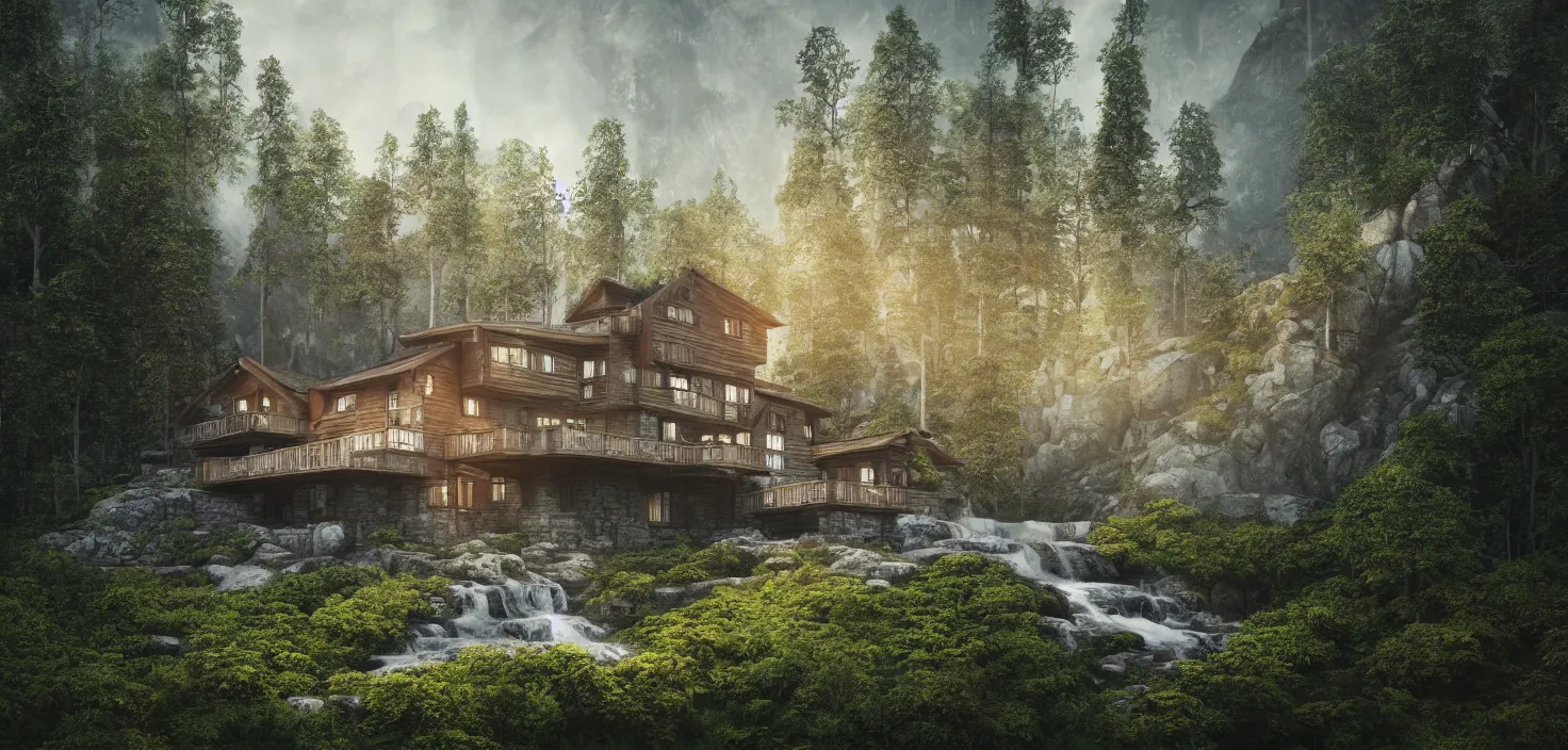 Image similar to beautiful large scandinavian house in the forest on a hill, a large waterfall flows down from the mountain in the background, octane render, fabulous, hyper detailed, random cinematic view, no noise, global illumination, warm lighting, volumetric, godrays, vivid, by jordan grimmer