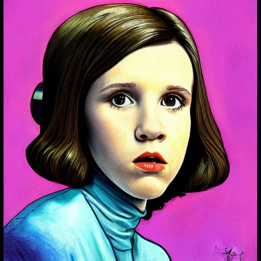 Image similar to portrait of millie bobby brown or young carrie fisher by greg ruthkowski