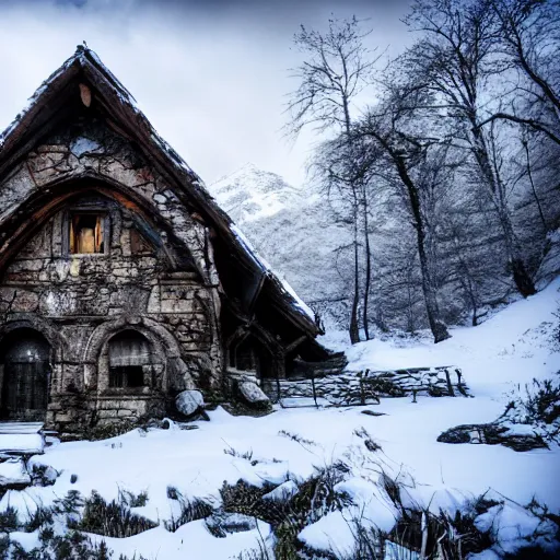 Image similar to old abandoned dwarven keep nestled high up in the snow covered mountains. picturesque scenery. running water. landscape photography. fantasy. trending on art station.