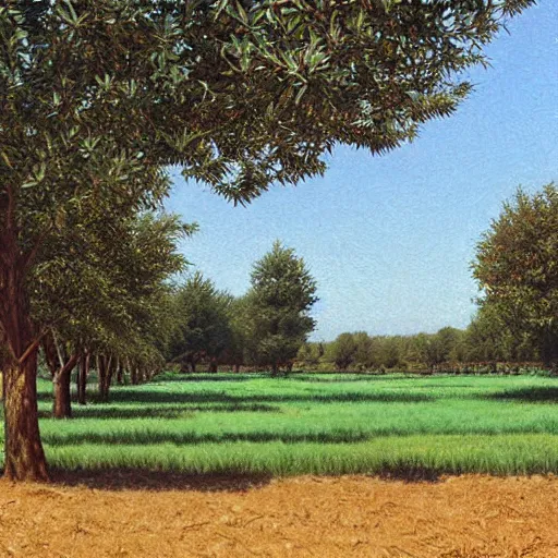 Image similar to dismal pine green by david ligare, by steve hanks. a beautiful photograph depicting a farm scene. the photograph shows a view of an orchard with trees in bloom.