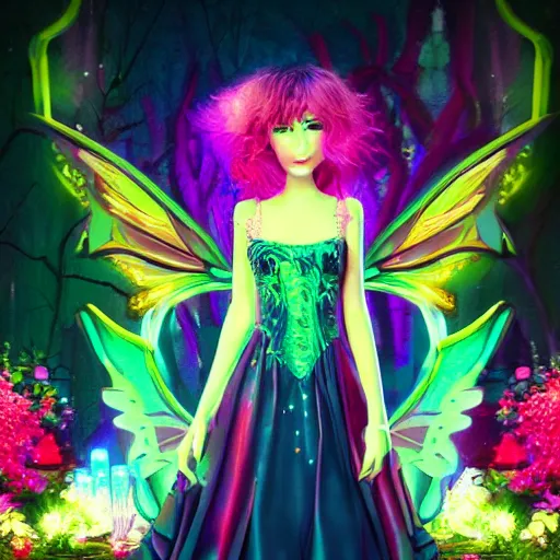 Image similar to cyberpunk fairy princess clothing store in a woodland grove, neon wings beautiful colorful pretty artistic 4 k artstation trending dramatic lighting realistic floral garden blooming flowers