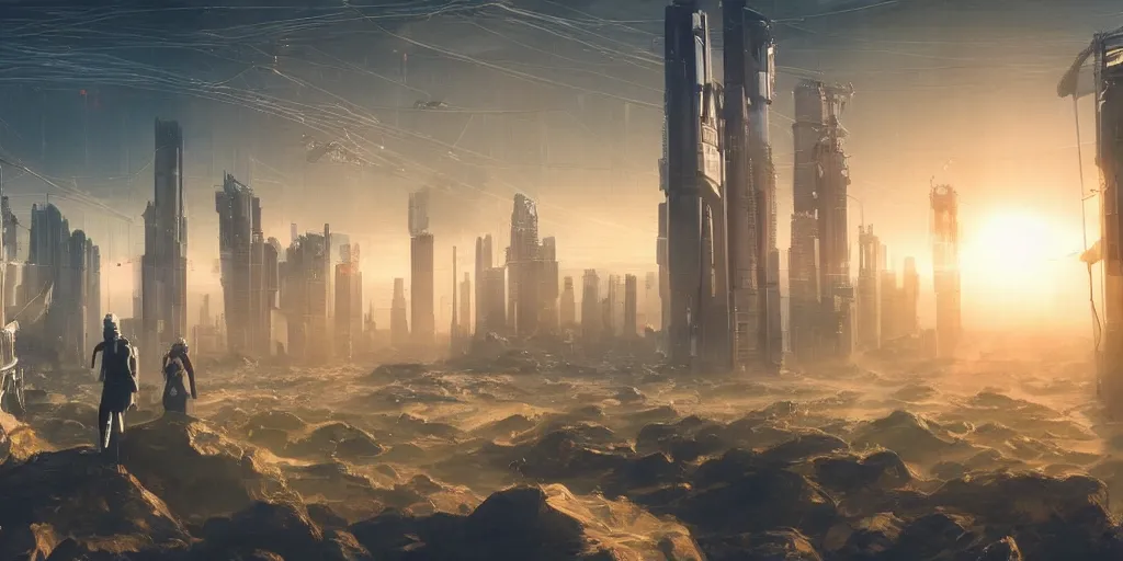 Image similar to a cinematic composition depicting : a translucid crystal - being viewing how a high tech lush solarpunk tribe with their technology is encroaching on a distant cyberpunk world with white clad buildings at sunrise