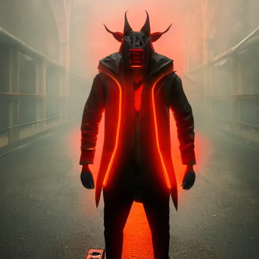 Image similar to villain wearing a red oni mask, orange jacket, dark background, unreal engine 5, ultra realistic, detailed, fog, volumetric lighting, by greg rutkowski,