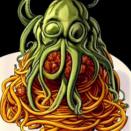 Image similar to Cthulhu with spaghetti as its tentacles, and a meatballs as its eyes