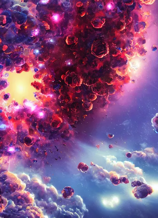 Image similar to An epic fantastic realism comic book style painting of the most beautiful flowers launched into space, bouquets, glorious galactic collision, fisheye lens, unreal 5, DAZ, hyperrealistic, octane render, dynamic lighting