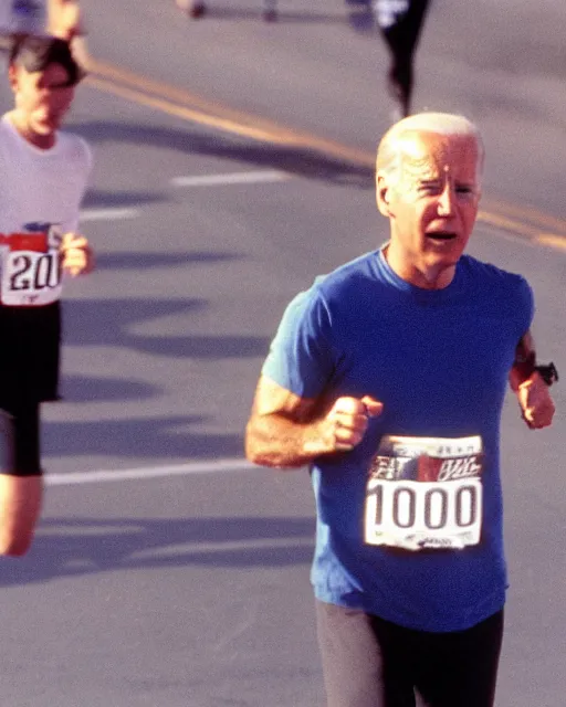 Image similar to film still close - up shot of joe biden running a marathon. photographic, photography