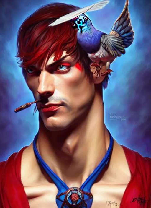 Image similar to portrait of aggressive pigeon humanoid, d & d, muscular! blue and red, fantasy, intricate, elegant, highly detailed, digital painting, artstation, concept art, smooth, sharp focus, illustration, art by artgerm and greg rutkowski and alphonse mucha